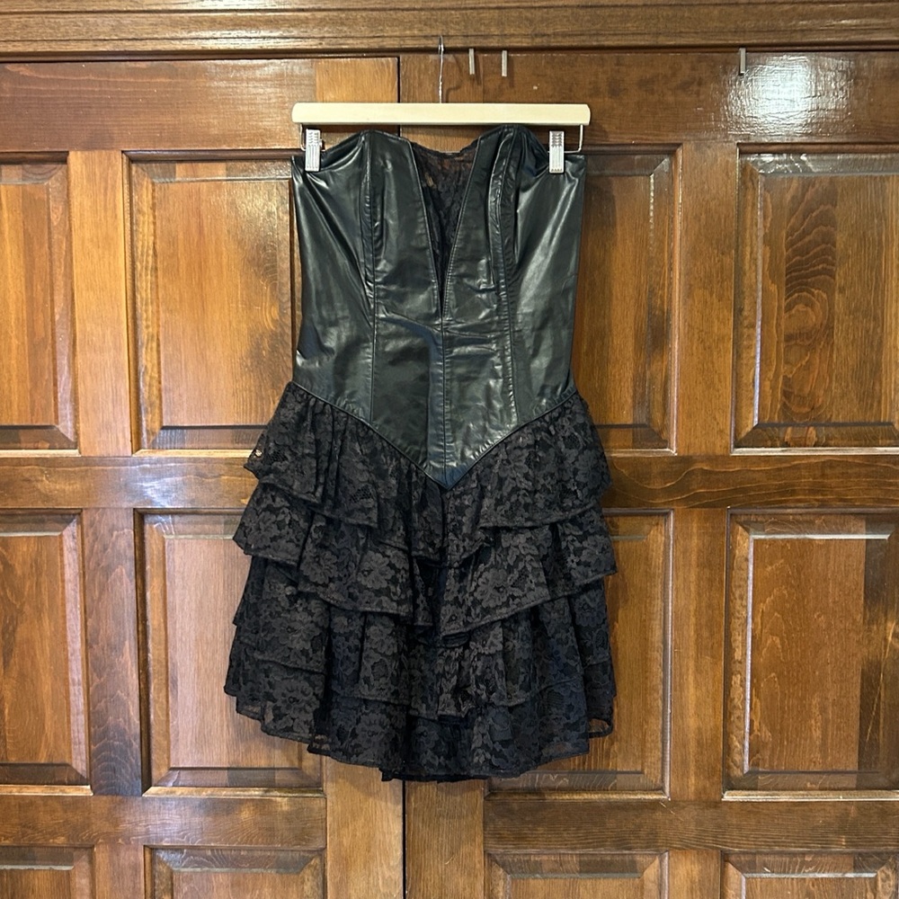 Vintage Chia Leather Corset Lace Tiered Ruffle Dress 90s Korea Rocker Punk Sz 12 - Picture 4 of 13